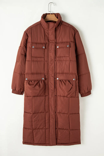 Pocketed Bubble Texture Long Sleeve Longline Winter Coat-Angel Casuals