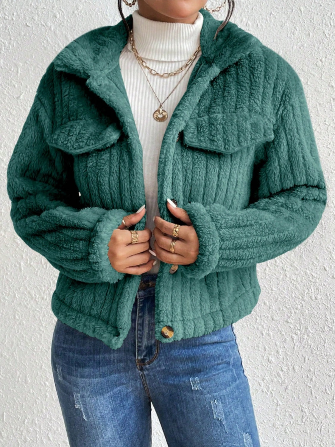 Fuzzy Button Up Collared Neck Jacket-Angel Casuals