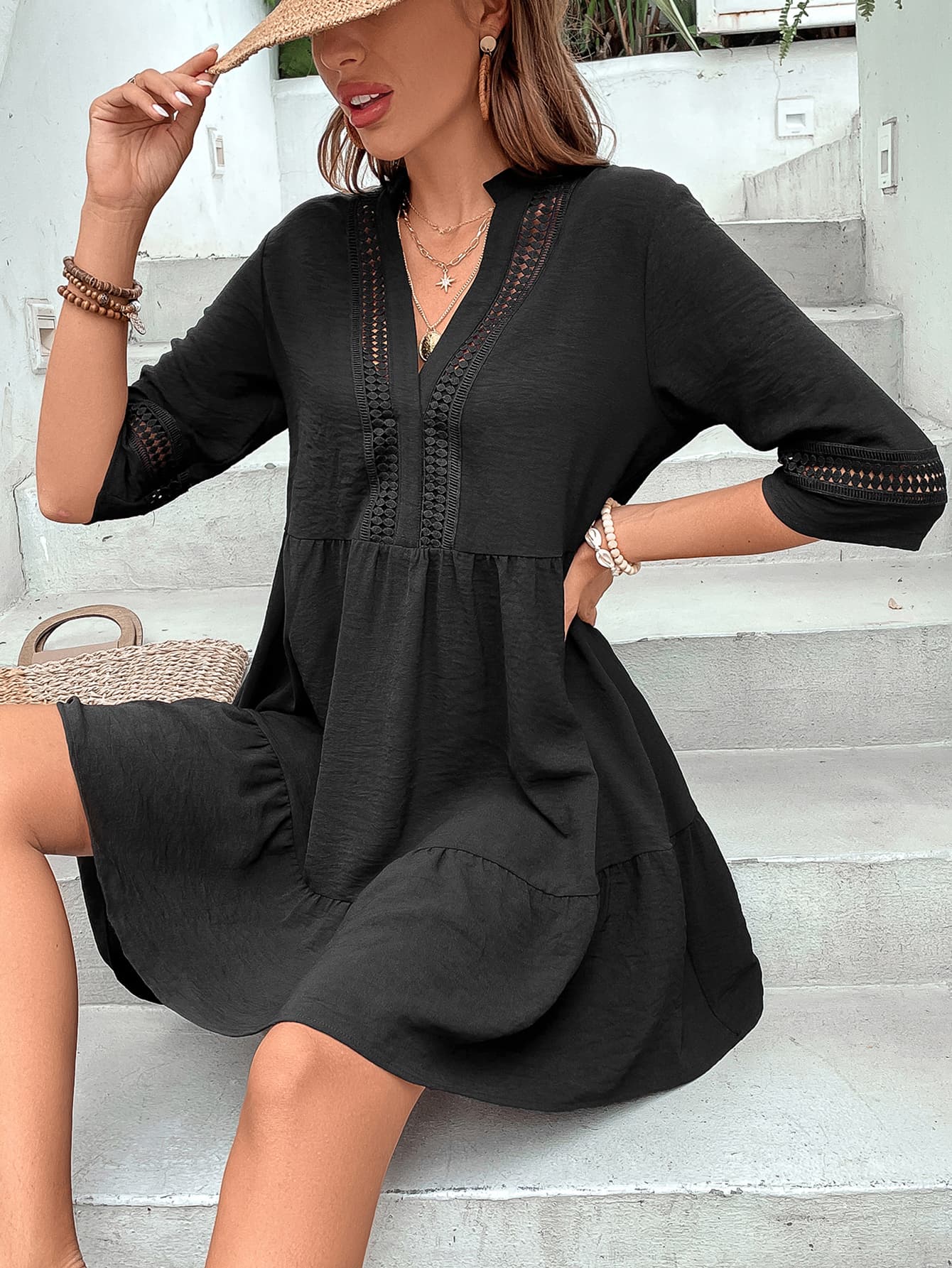 Notched Neck Half Sleeve Dress-Angel Casuals