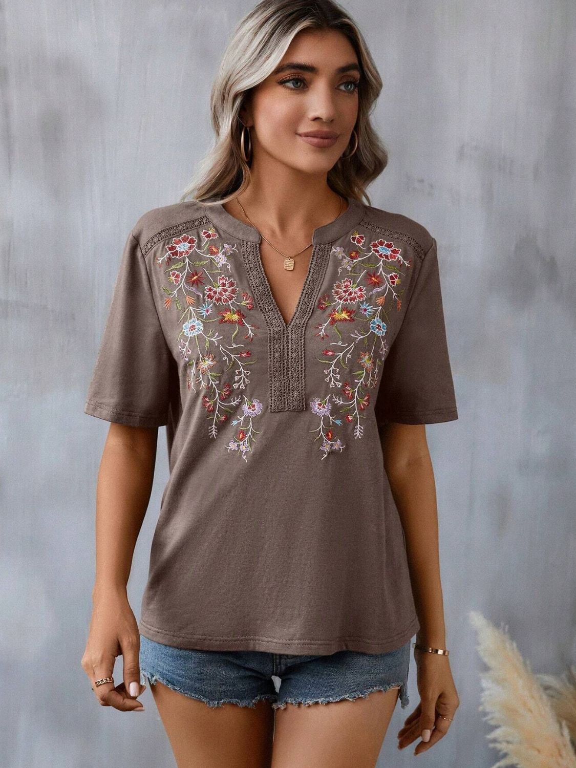 Embroidered Notched Short Sleeve T-Shirt-Angel Casuals