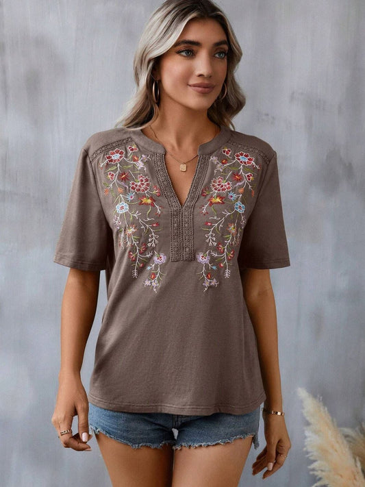 Embroidered Notched Short Sleeve T-Shirt-Angel Casuals