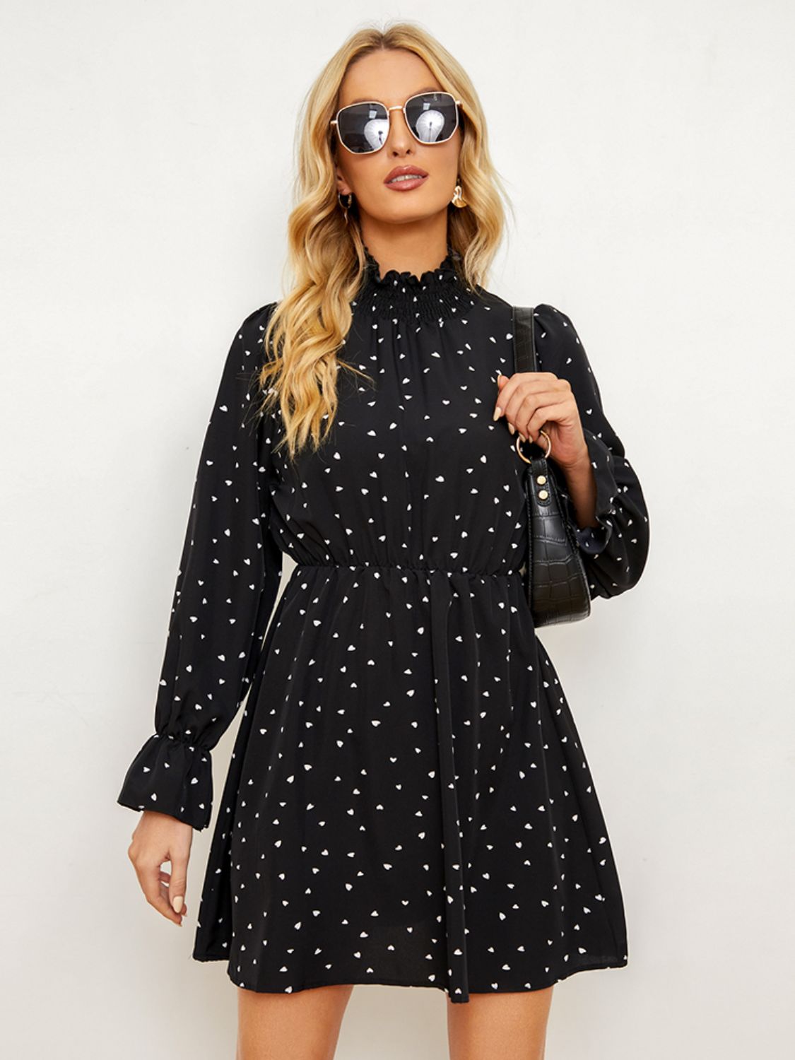 Printed Long Flounce Sleeve Frill Neck Dress-Angel Casuals