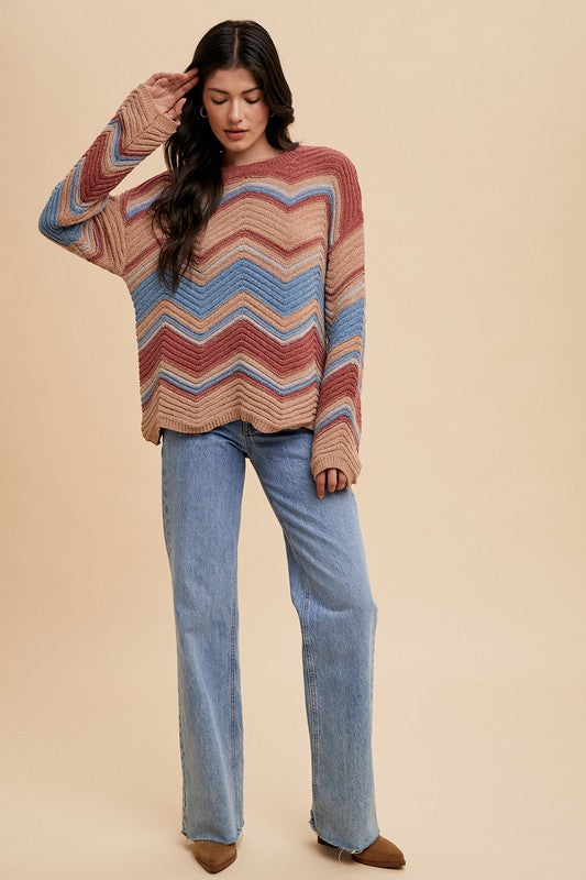 Annie Wear Multi Color Zig-Zag Round Neck Sweater-Angel Casuals