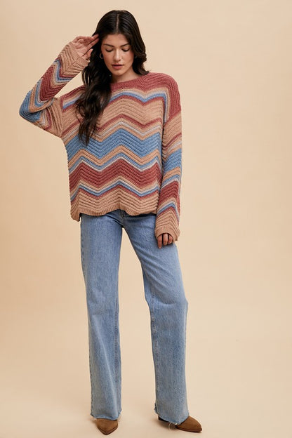 Annie Wear Multi Color Zig-Zag Round Neck Sweater-Angel Casuals