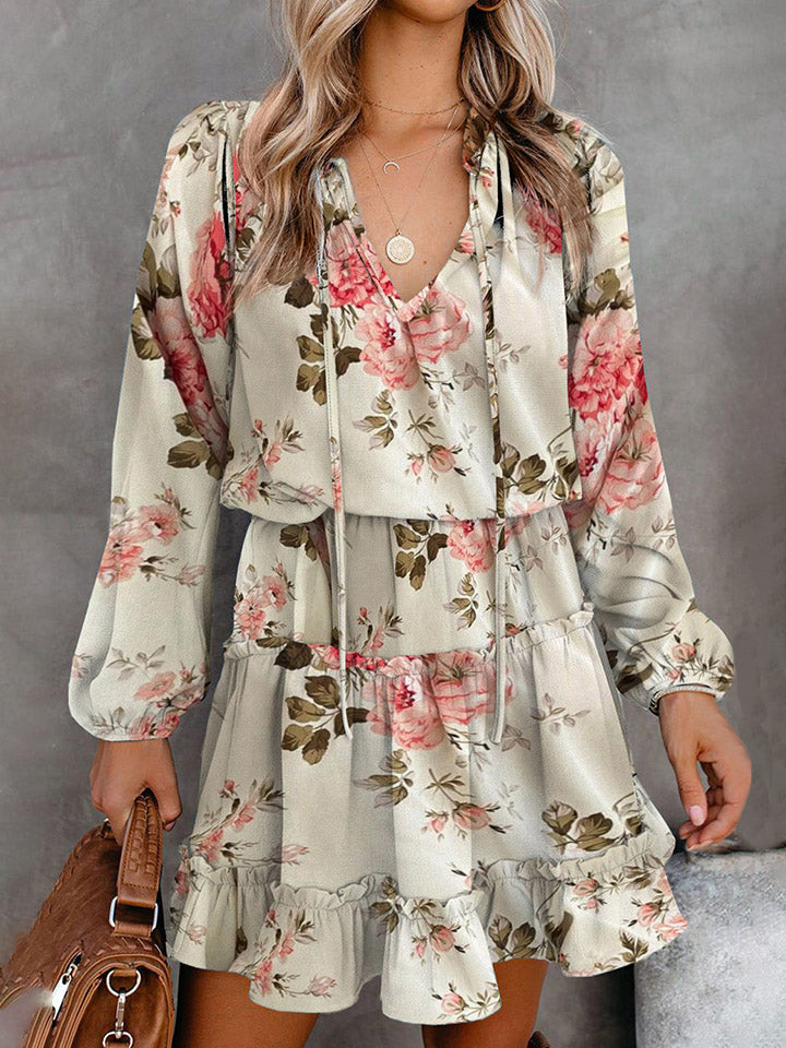 Printed Tie Neck Long Sleeve Dress-Angel Casuals