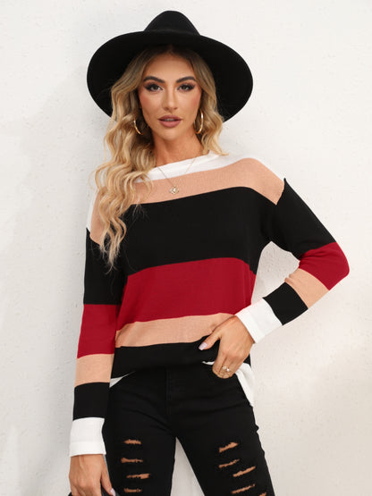 Striped Round Neck Dropped Shoulder Sweater-Angel Casuals