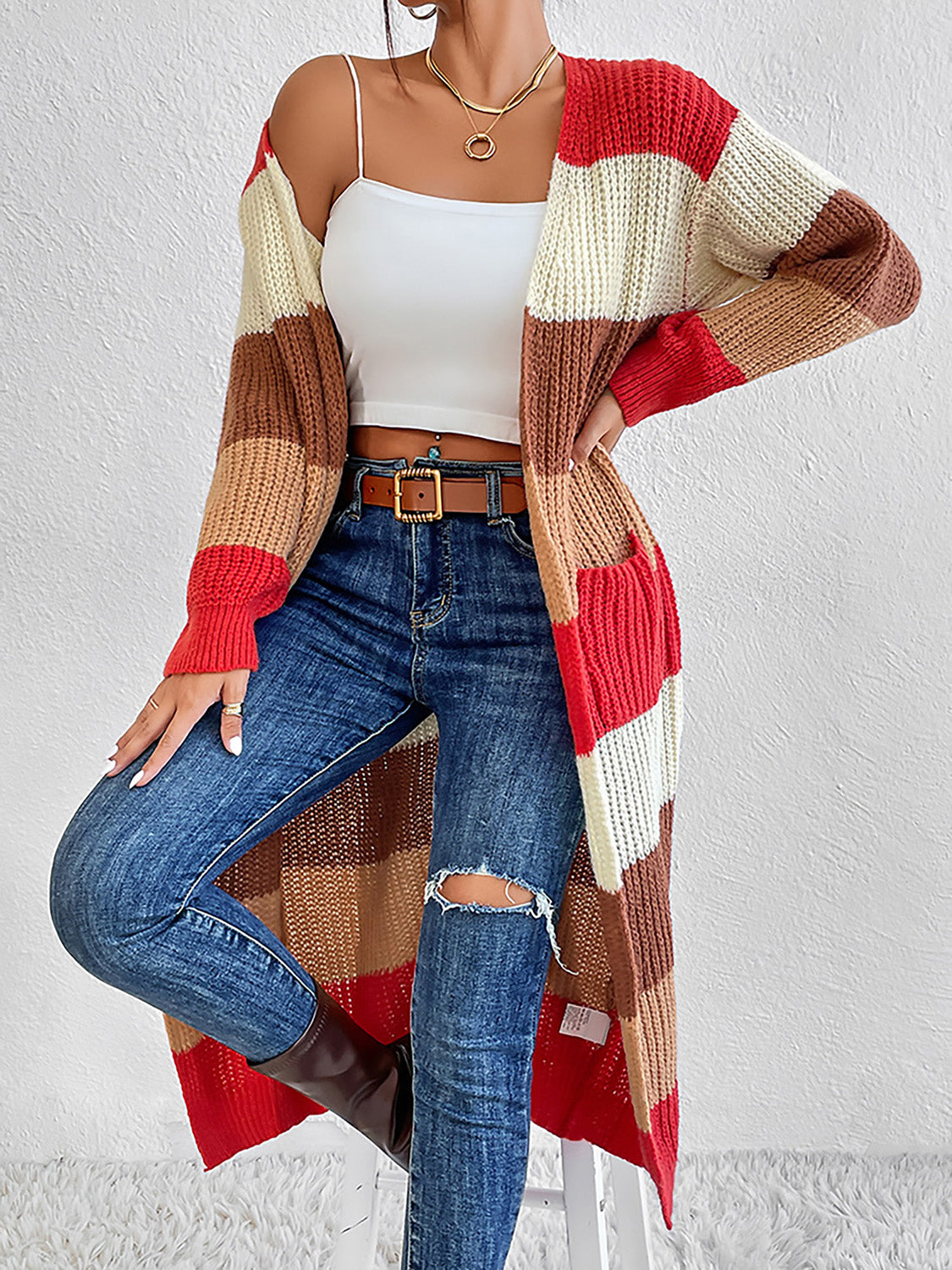 Color Block Open Front Longline Cardigan-Angel Casuals