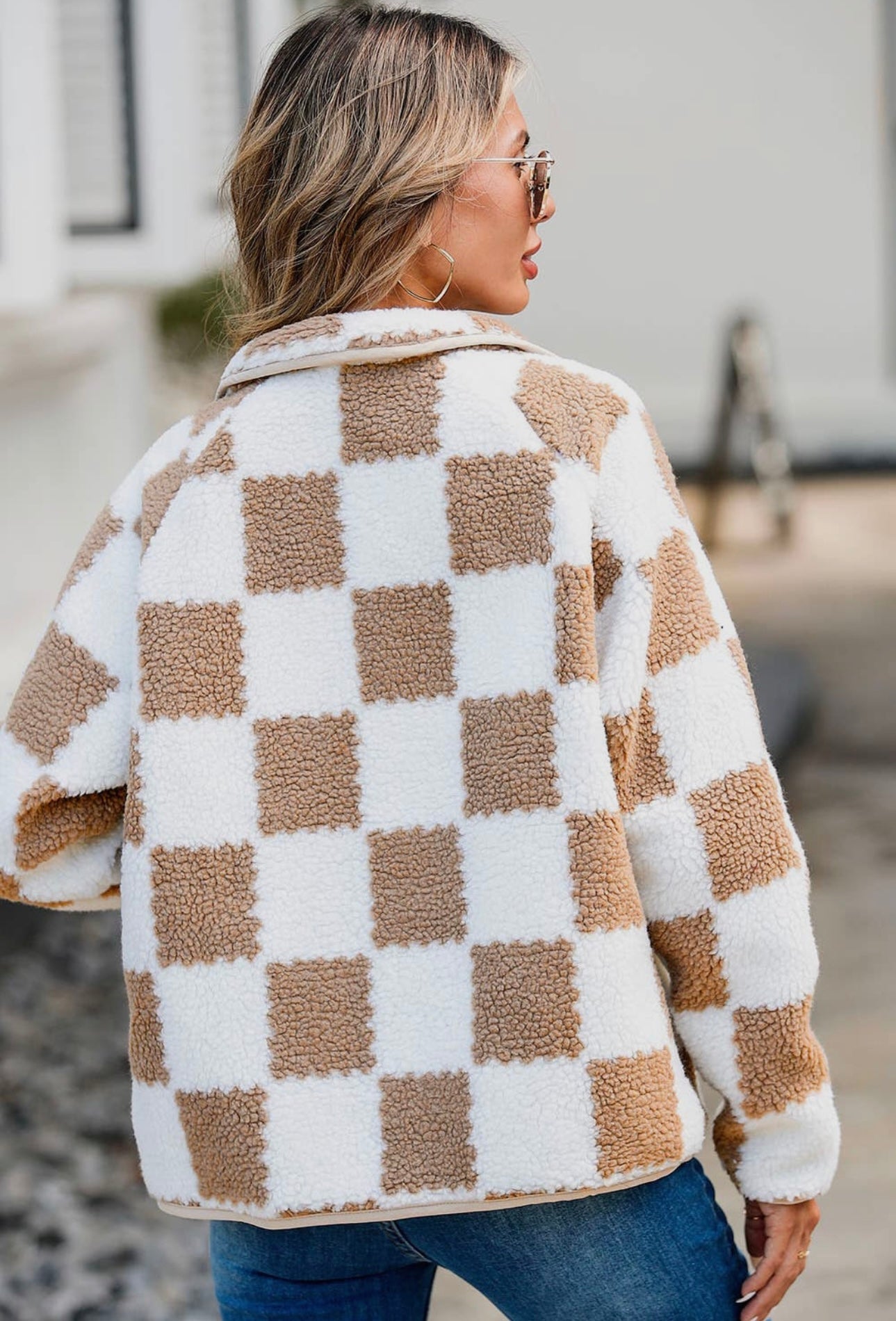 Checkered Snap Down Long Sleeve Teddy Jacket-Angel Casuals