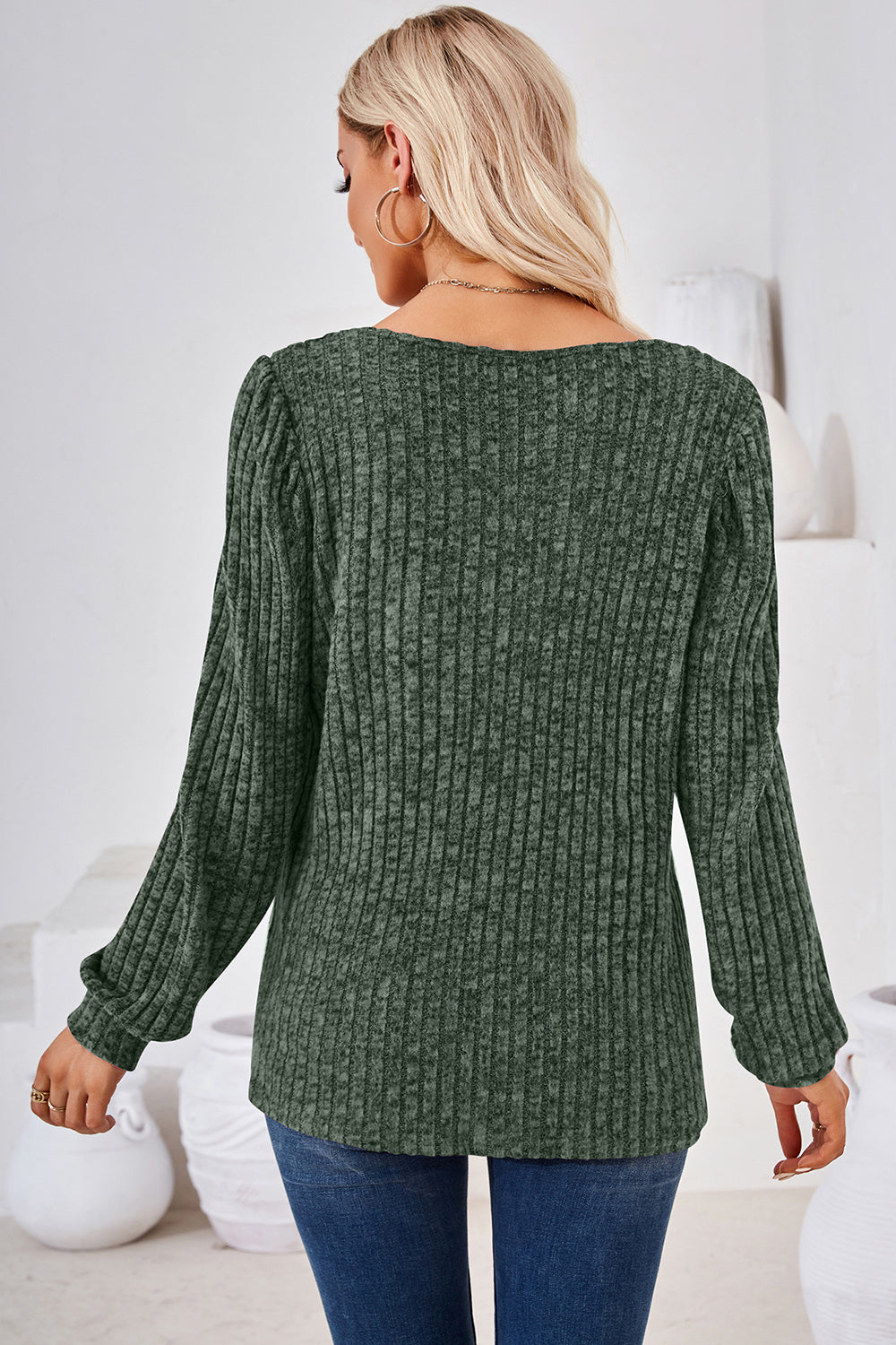 Ribbed Square Neck Long Sleeve T-Shirt-Angel Casuals
