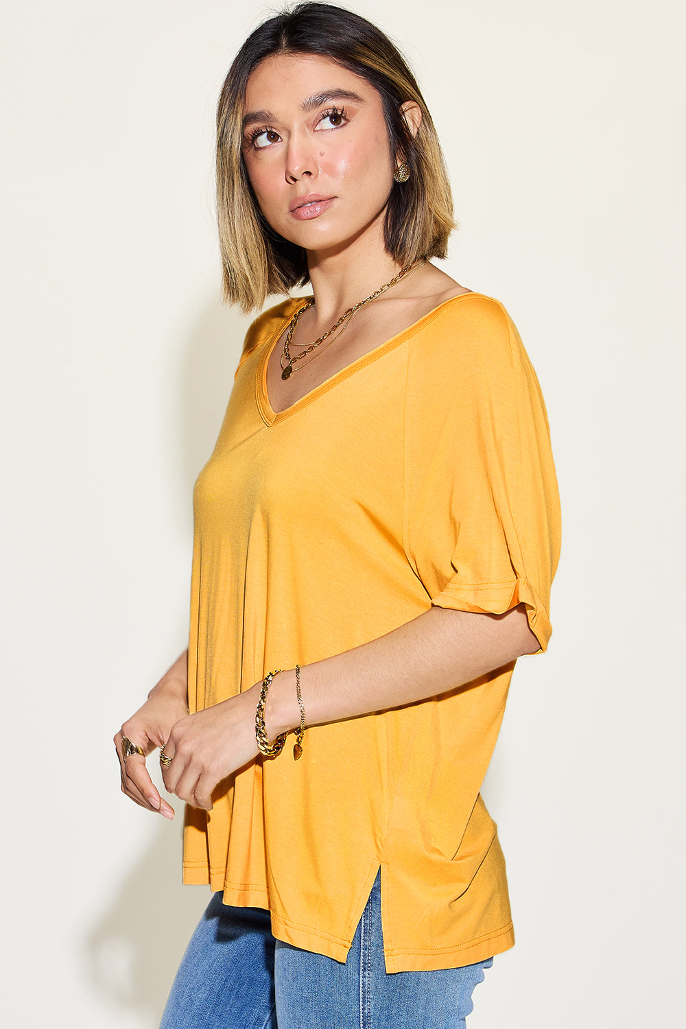 Basic Bae Full Size Bamboo Slit V-Neck Short Sleeve T-Shirt-Angel Casuals