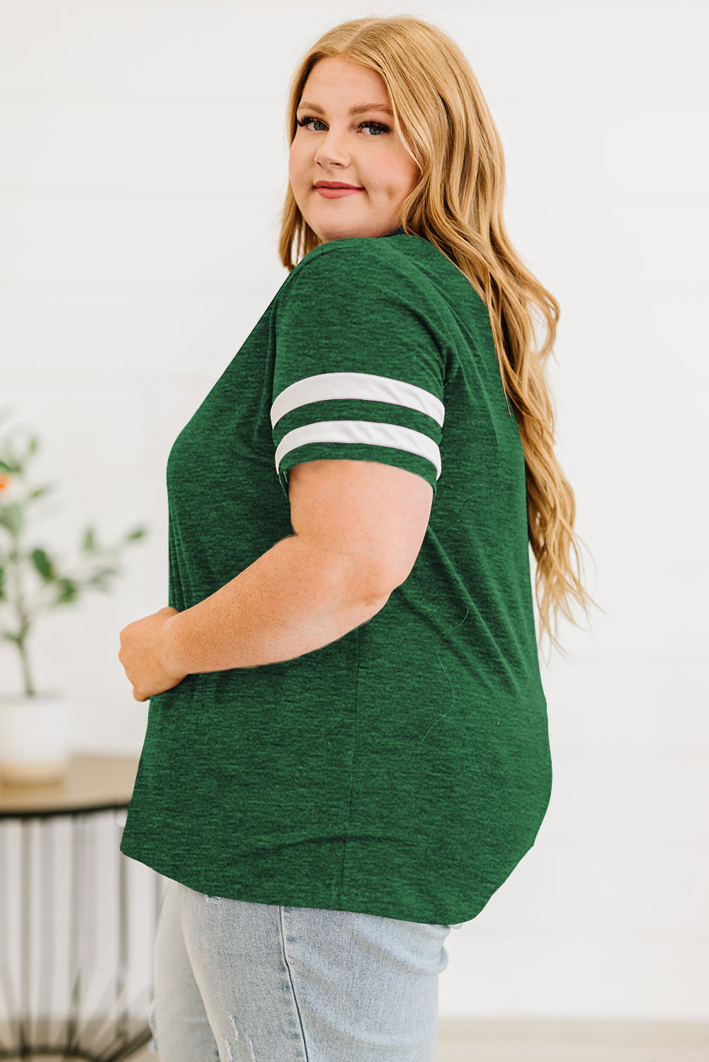 Plus Size Striped V-Neck Tee Shirt-Angel Casuals