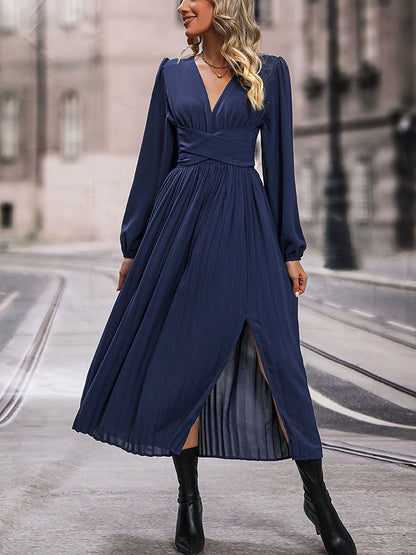 V-Neck Long Sleeve Pleated Slit Dress-Angel Casuals