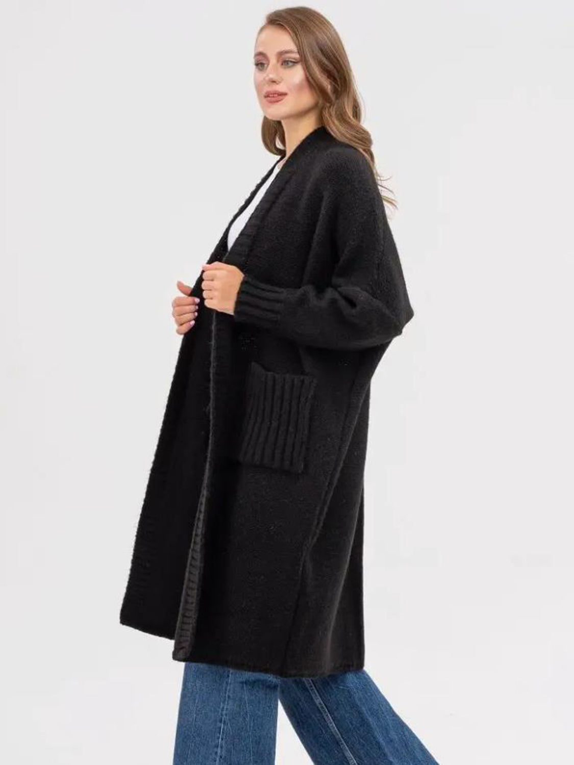 Pocketed Open Front Long Sleeve Longline Cardigan-Angel Casuals