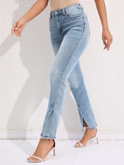 Slit Buttoned Jeans with Pockets-Angel Casuals