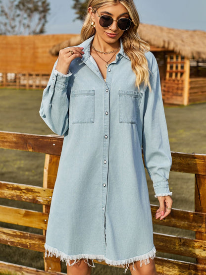 Button Up Collared Neck Raw Hem Denim Dress-Angel Casuals