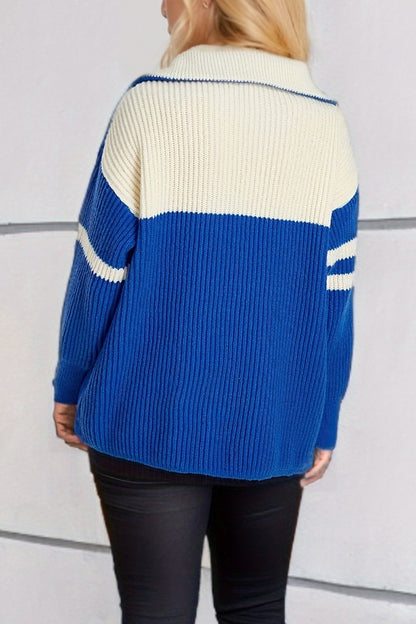 Quarter Zip Striped Dropped Shoulder Sweater-Angel Casuals