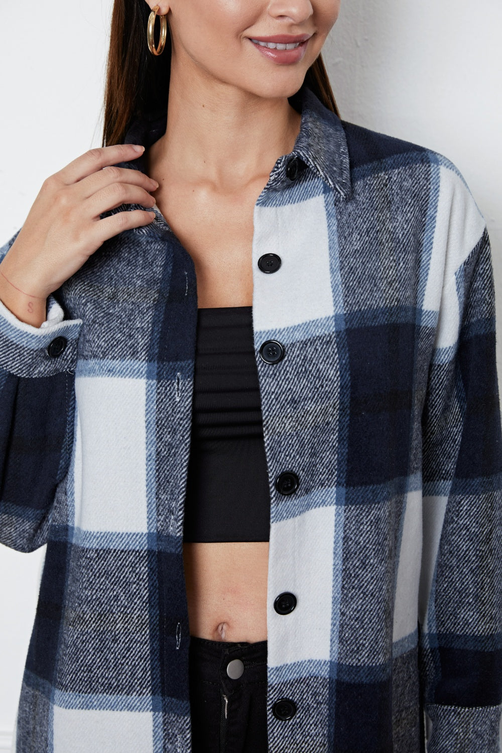 Plaid Button Up Collared Neck Outerwear-Angel Casuals