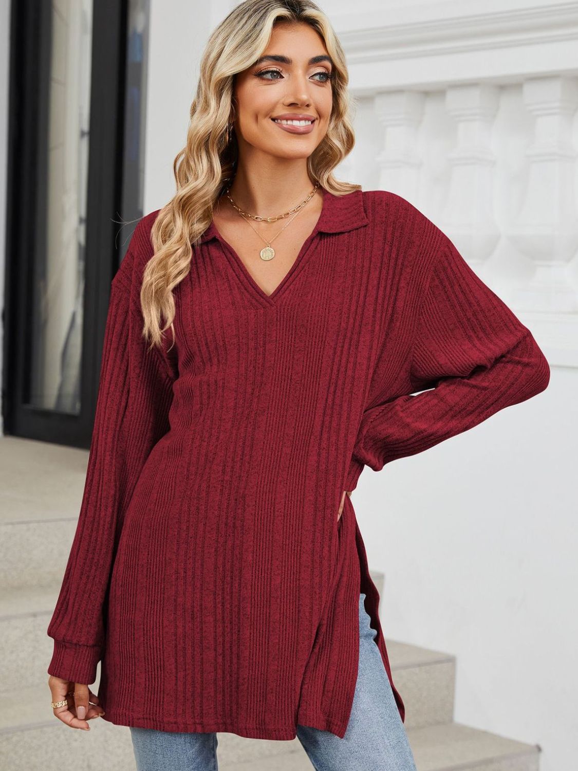 Slit Johnny Collar Long Sleeve T-Shirt-Angel Casuals