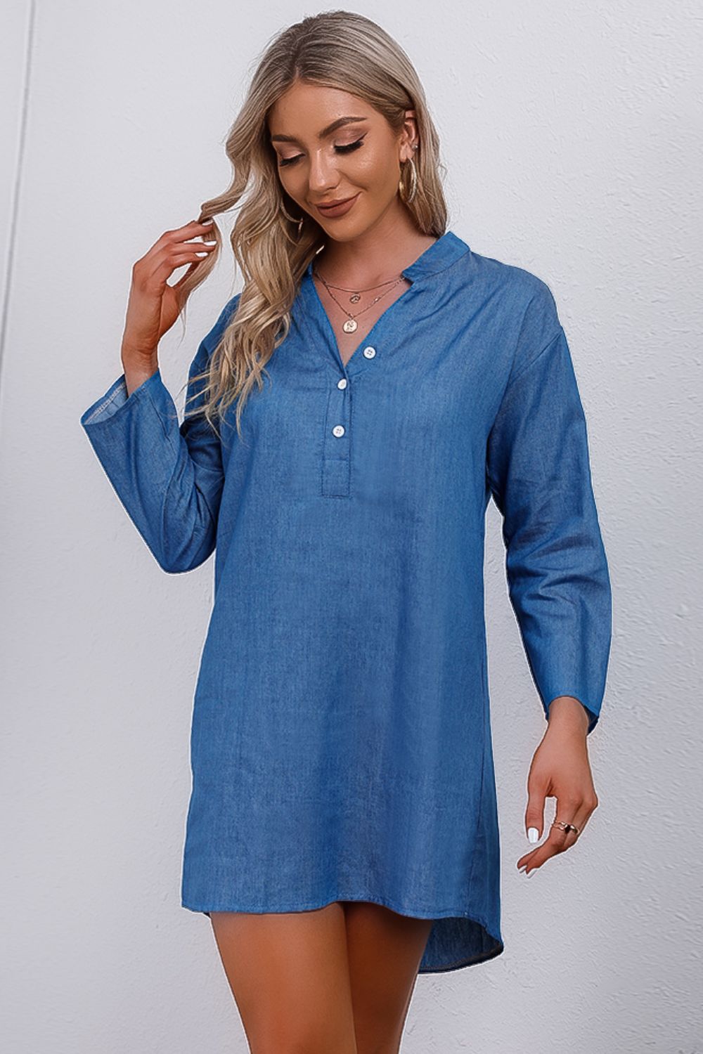 Half-Button Notched Neck High-Low Denim Dress-Angel Casuals