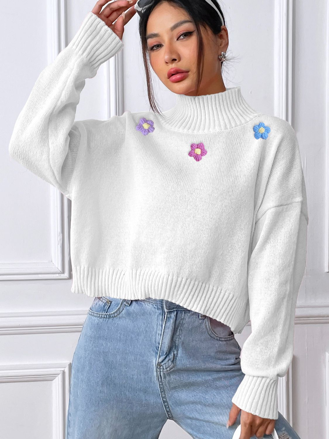 Flower Turtleneck Long Sleeve Sweater-Angel Casuals