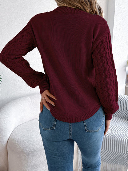 Asymmetric Hem Round Neck Long Sleeve Sweater-Angel Casuals