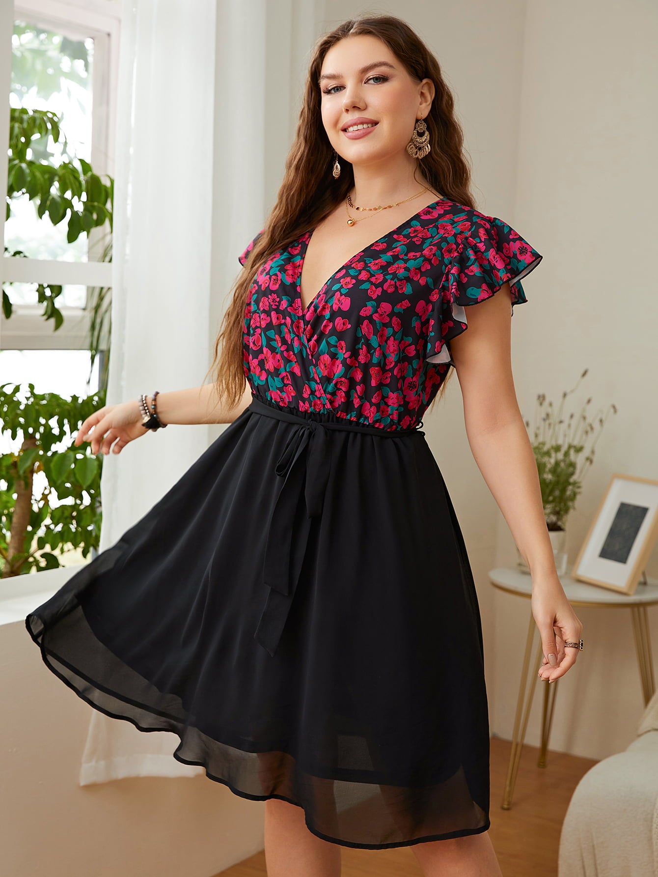 Plus Size Floral Surplice Neck Flutter Sleeve Dress-Angel Casuals