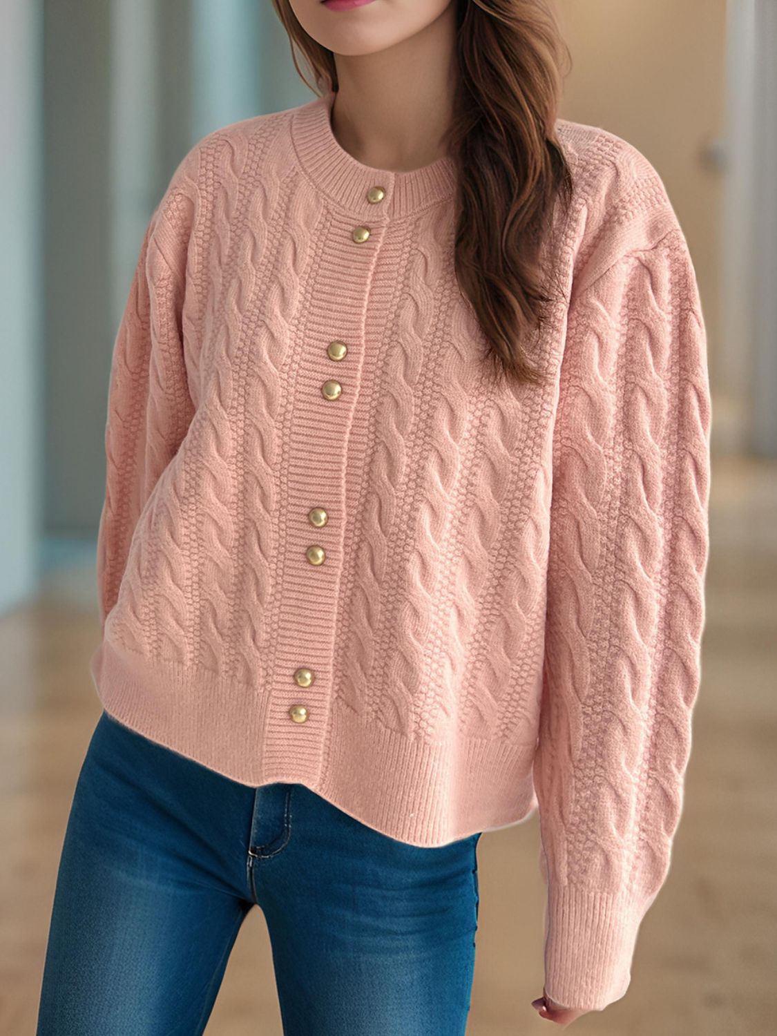 Cable-Knit Round Neck Long Sleeve Cardigan-Angel Casuals