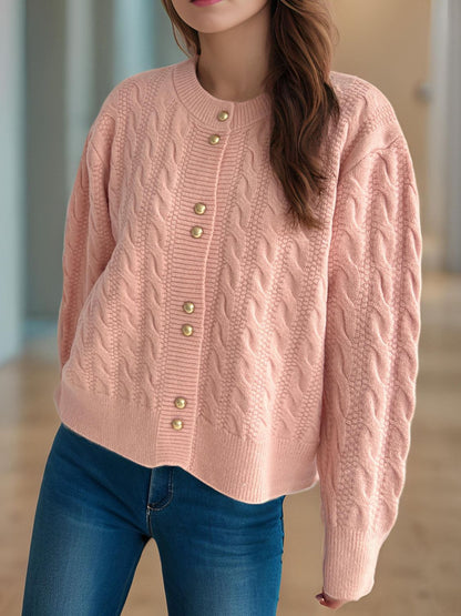 Cable-Knit Round Neck Long Sleeve Cardigan-Angel Casuals