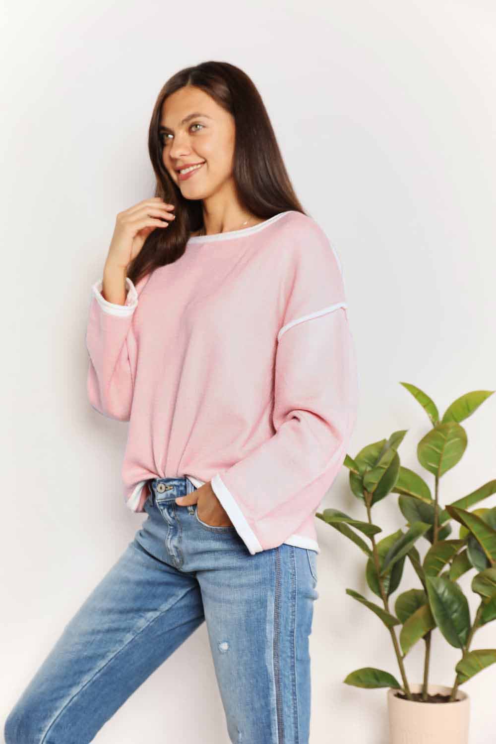 Angel Wings Contrast Detail Dropped Shoulder Knit Top-Angel Casuals