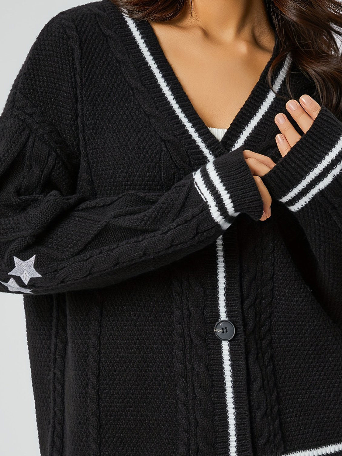 Star Embroidered V-Neck Long Sleeve Cardigan-Angel Casuals