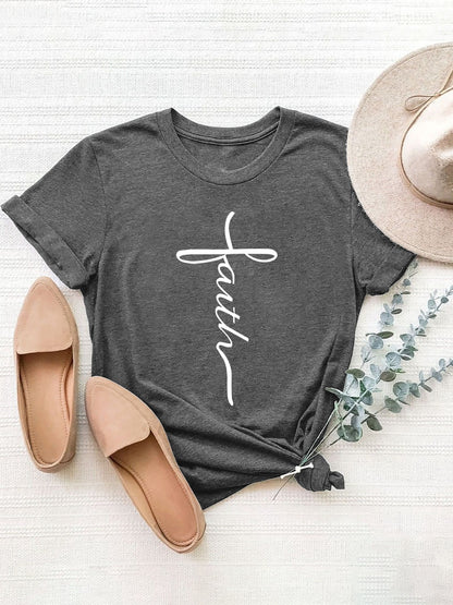 Letter Graphic Round Neck Short Sleeve T-Shirt-Angel Casuals
