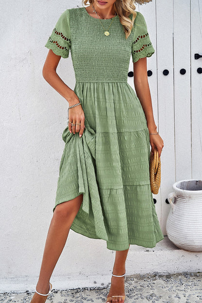 Smocked Round Neck Short Sleeve Midi Dress-Angel Casuals