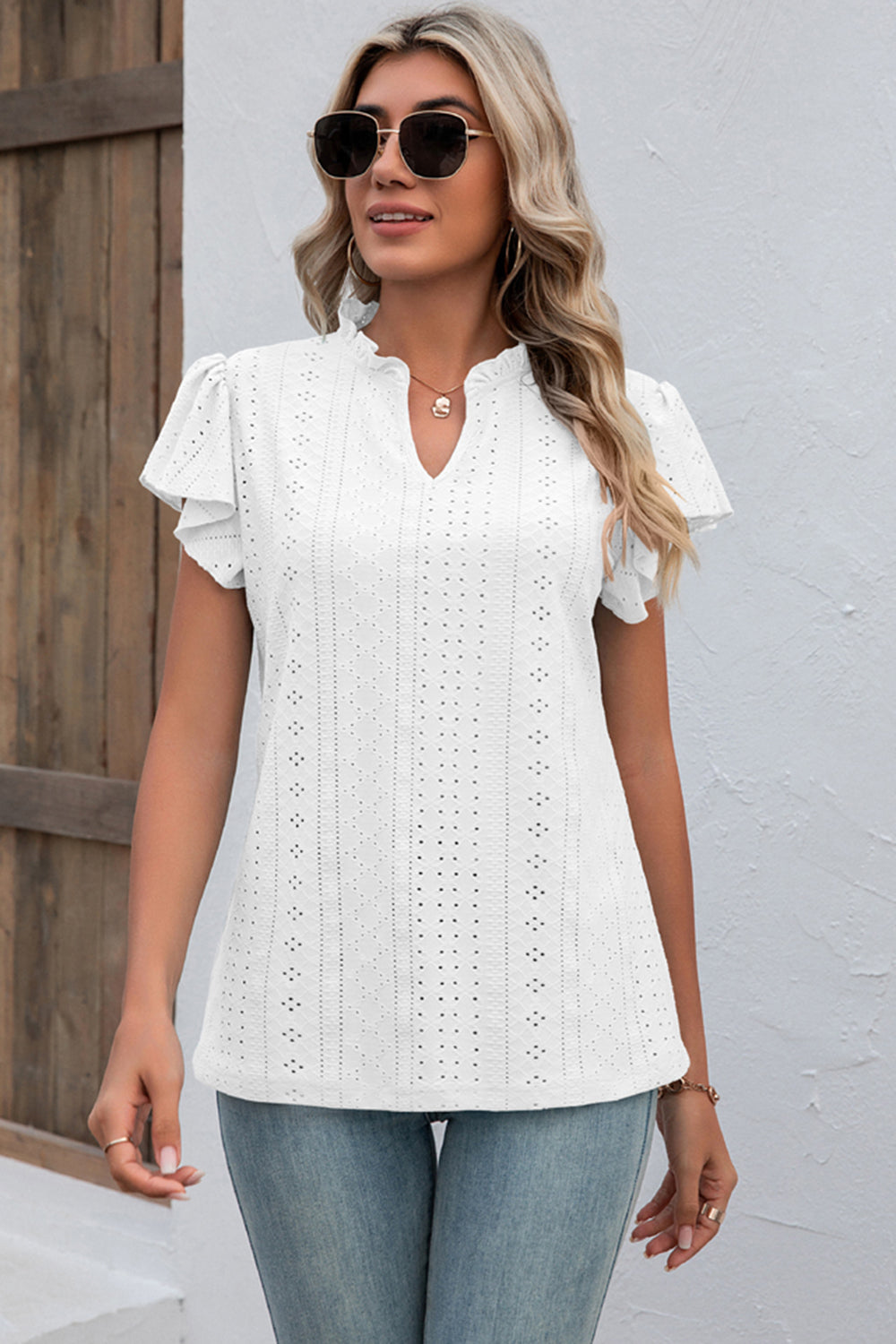 Eyelet Notched Flutter Sleeve T-Shirt-Angel Casuals