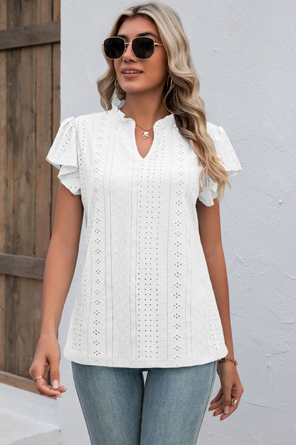 Eyelet Notched Flutter Sleeve T-Shirt-Angel Casuals