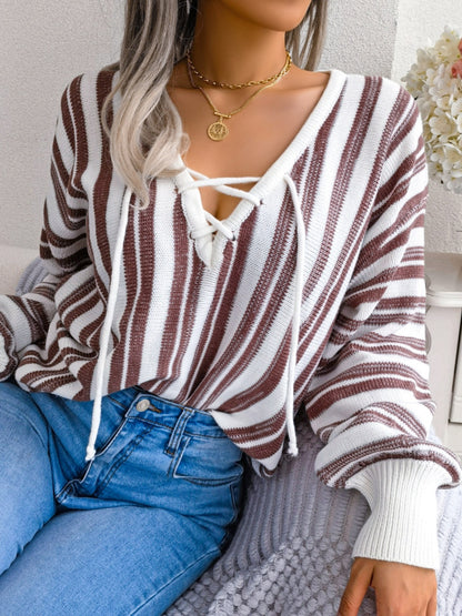 Striped Lace-Up Long Sleeve Sweater-Angel Casuals