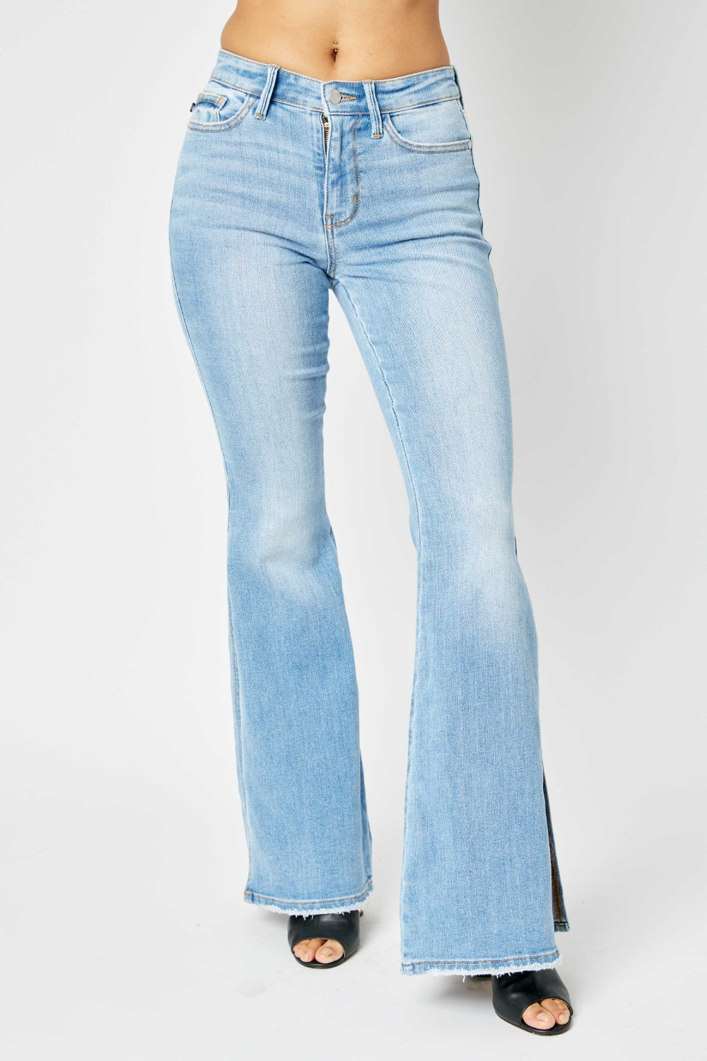 Judy Blue Full Size Mid Rise Raw Hem Slit Flare Jeans-Angel Casuals