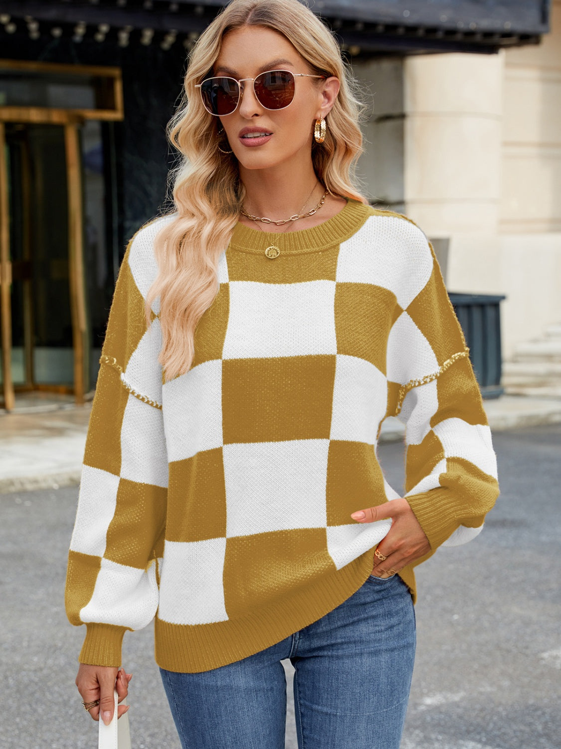 Checkered Round Neck Long Sleeve Sweater-Angel Casuals