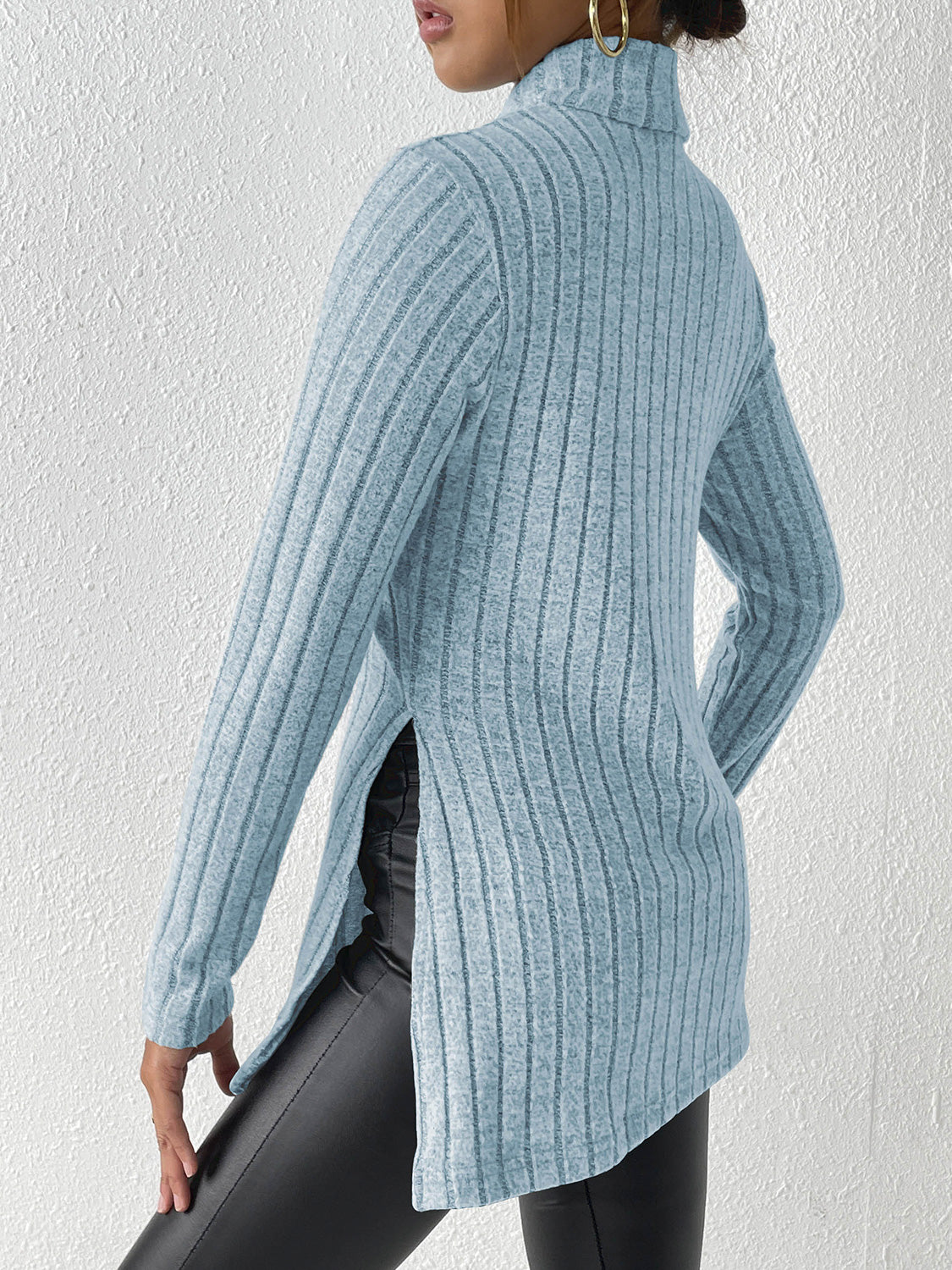 Ribbed Turtleneck Long Sleeve Slit T-Shirt-Angel Casuals