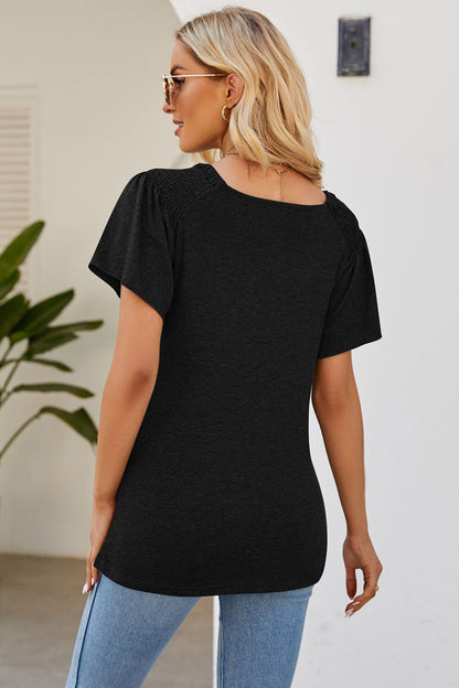 Smocked Round Neck Flutter Sleeve T-Shirt-Angel Casuals