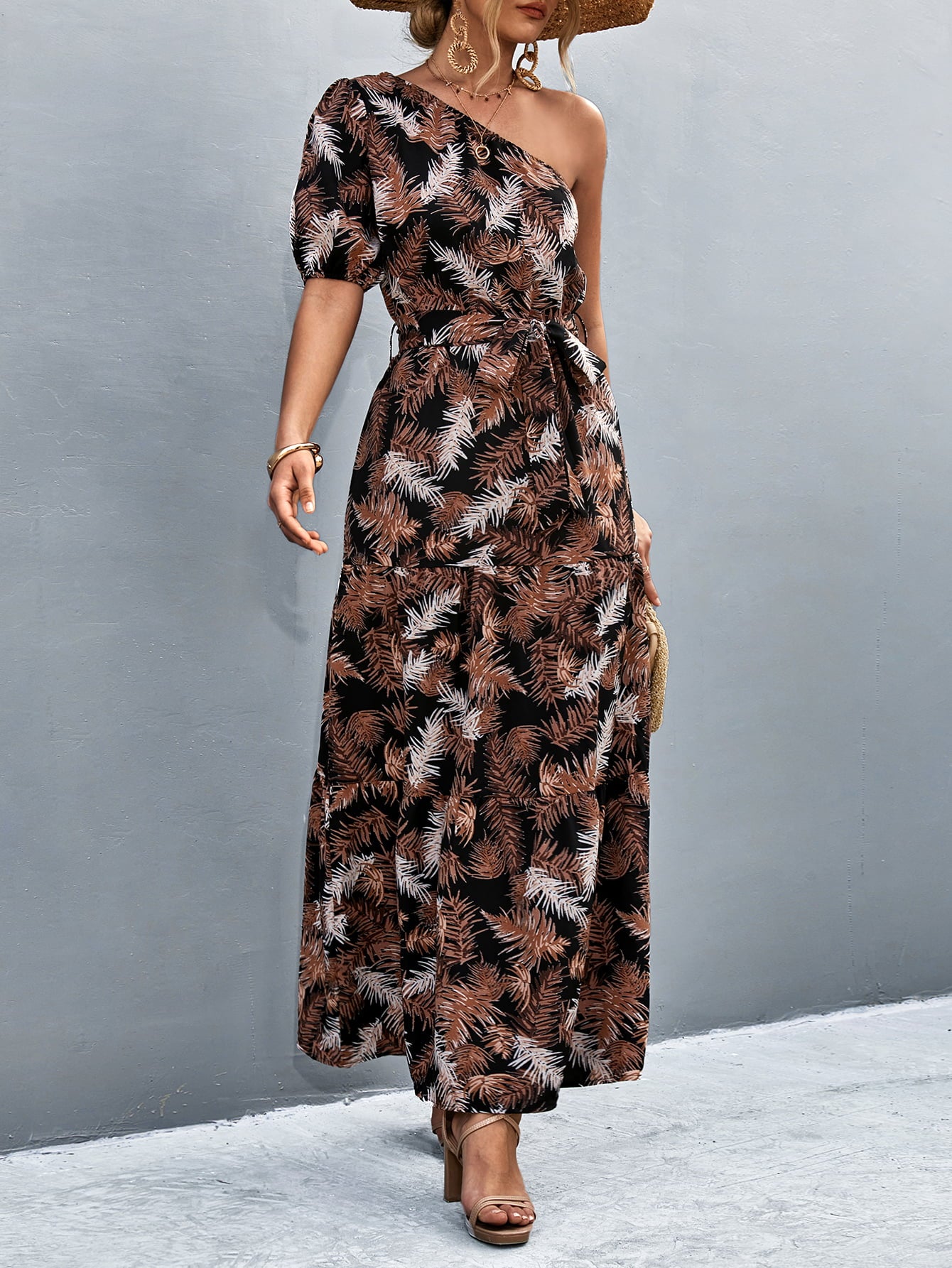 Printed Tie Waist One Shoulder Maxi Dress-Angel Casuals