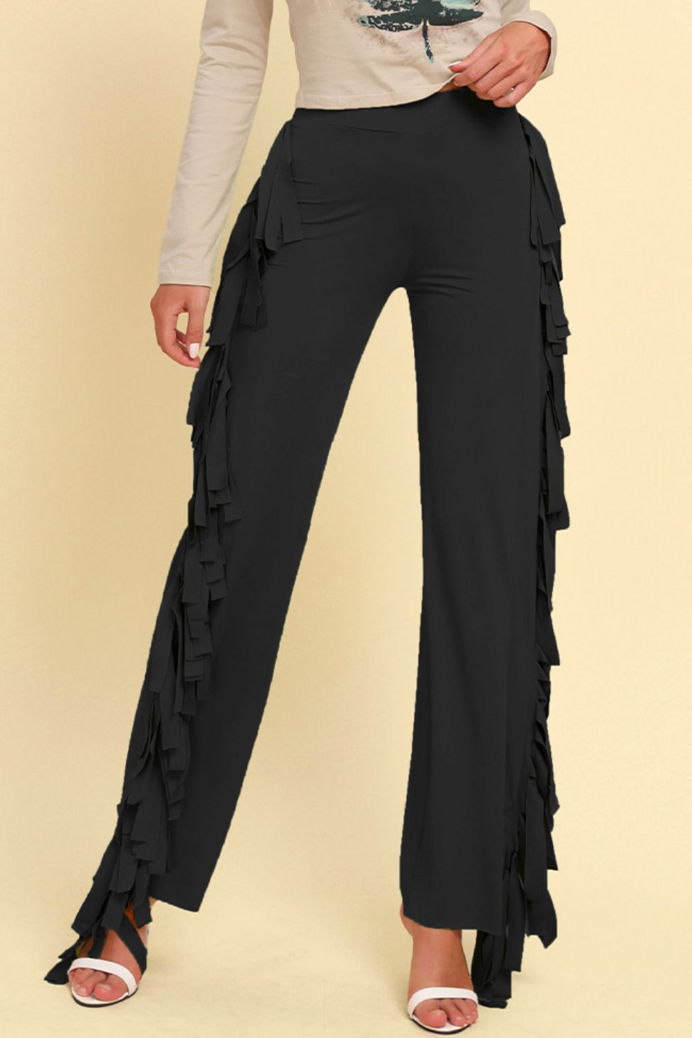 Fringe Trim Wide Leg Pants-Angel Casuals