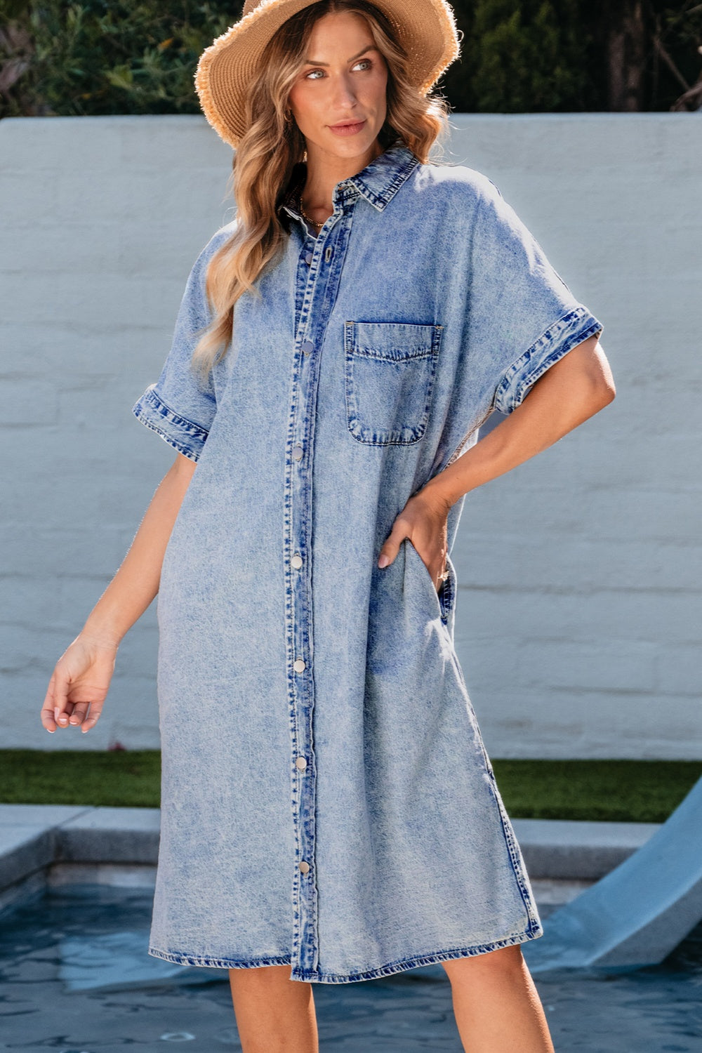 Pocketed Button Up Half Sleeve Denim Dress-Angel Casuals