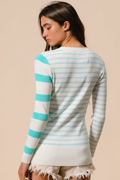 BiBi Contrast Striped Asymmetrical Hem Knit Top-Angel Casuals