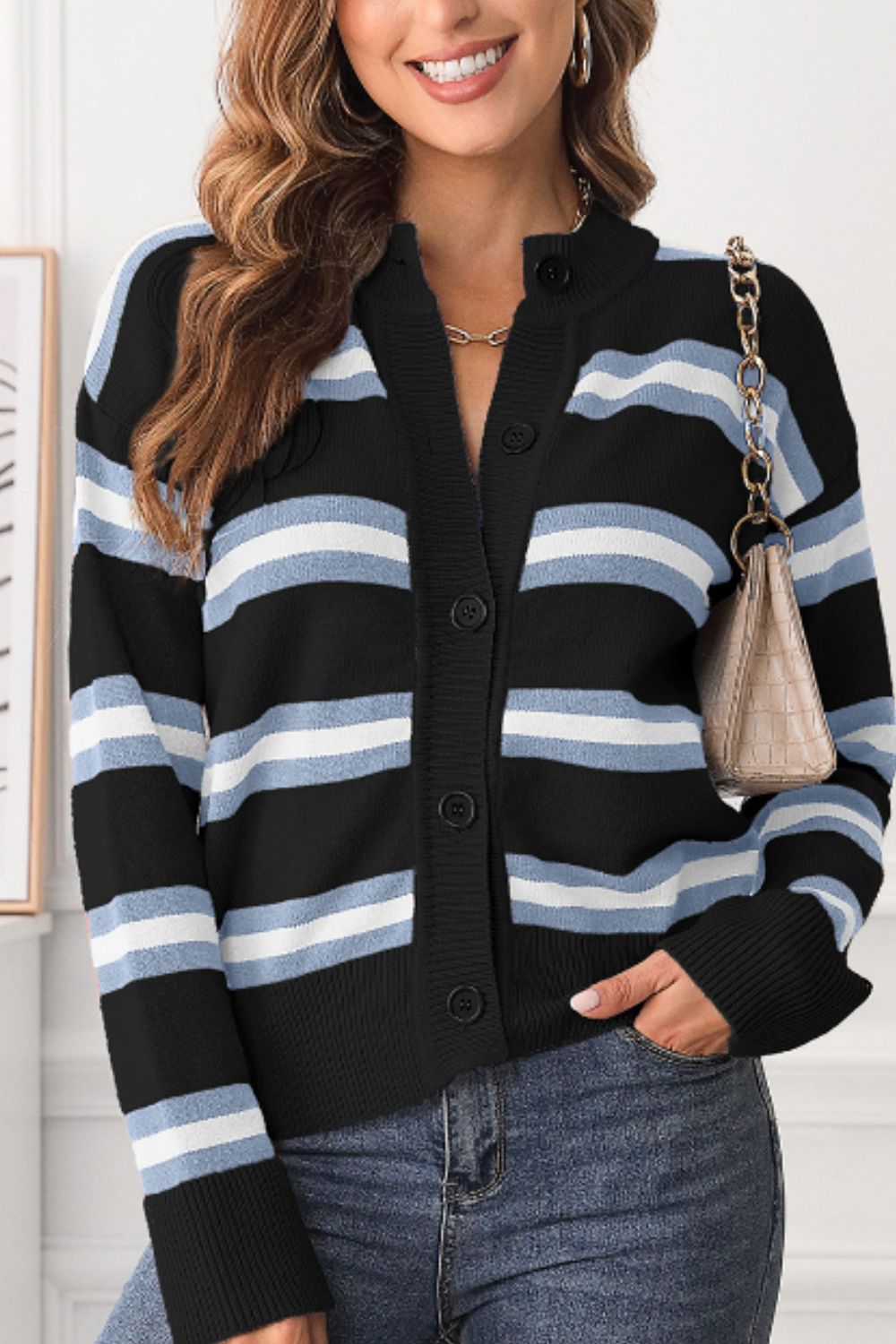 Striped Button Down Long Sleeve Cardigan-Angel Casuals