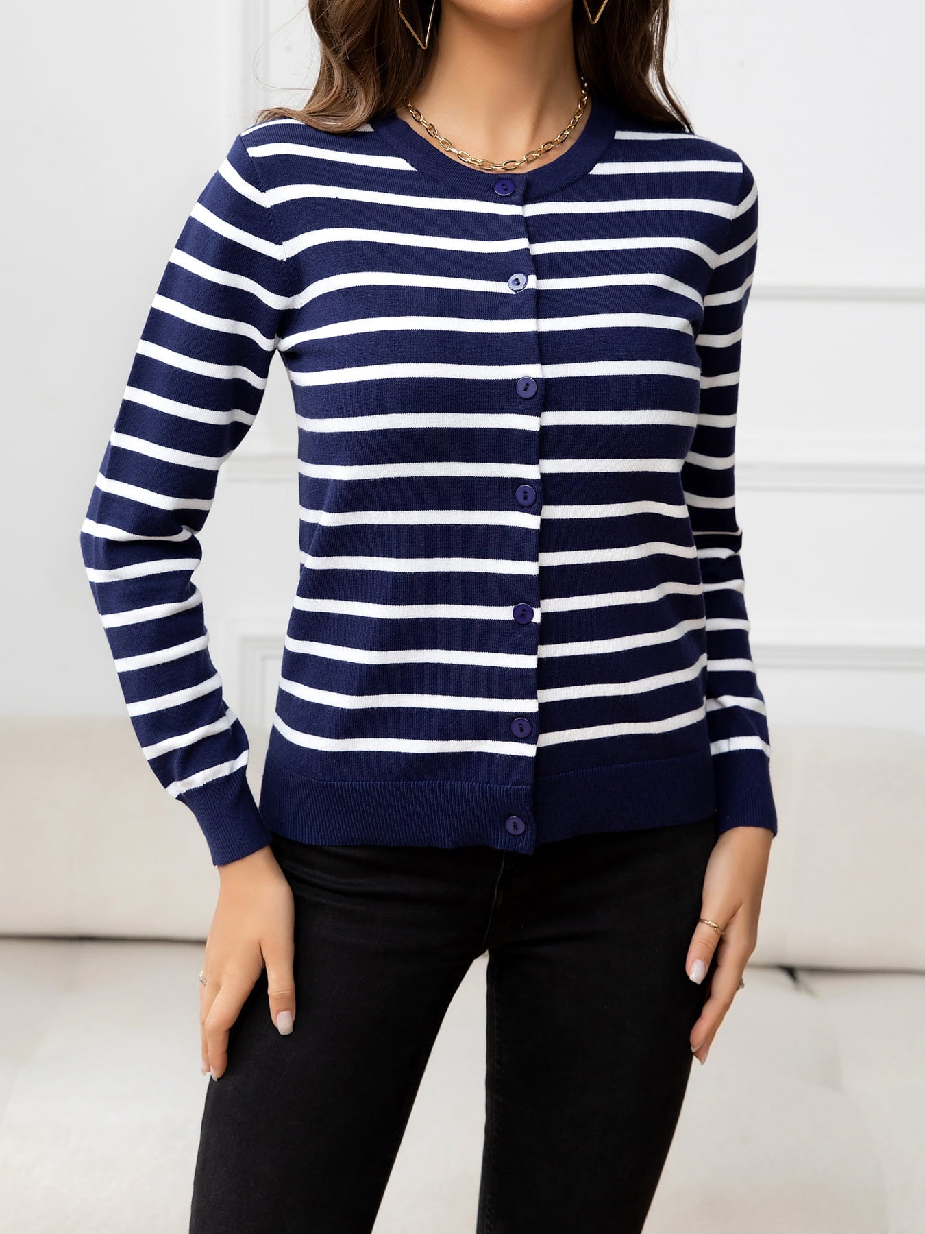 Striped Round Neck Long Sleeve Buttoned Knit Top-Angel Casuals