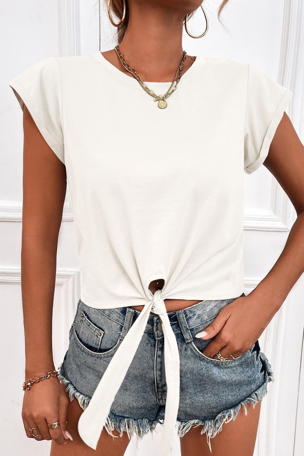 Tied Round Neck Crop Tee-Angel Casuals