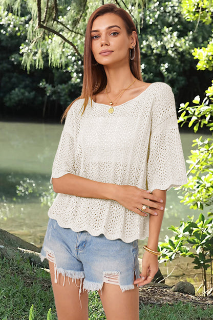 Openwork Round Neck Half Sleeve Knit Top-Angel Casuals