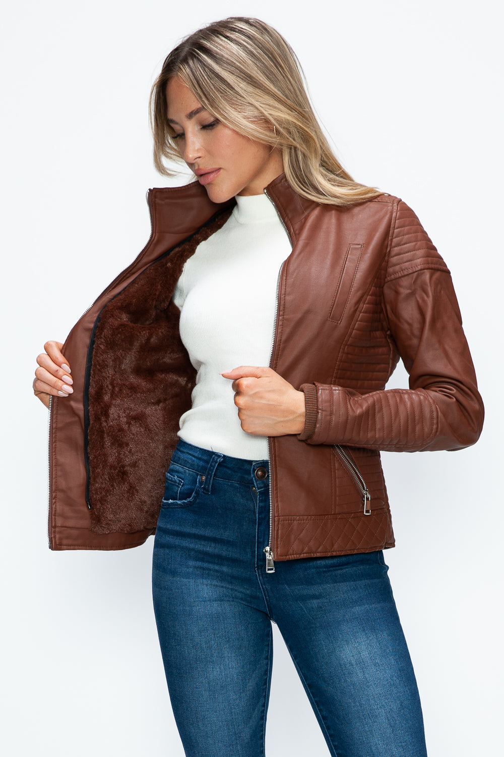 YMI Faux Layered Double-Zipper Jacket with Fuzzy Hood-Angel Casuals