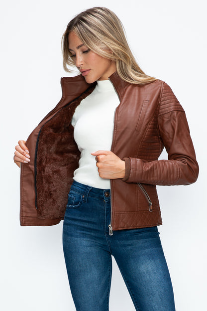 YMI Faux Layered Double-Zipper Jacket with Fuzzy Hood-Angel Casuals