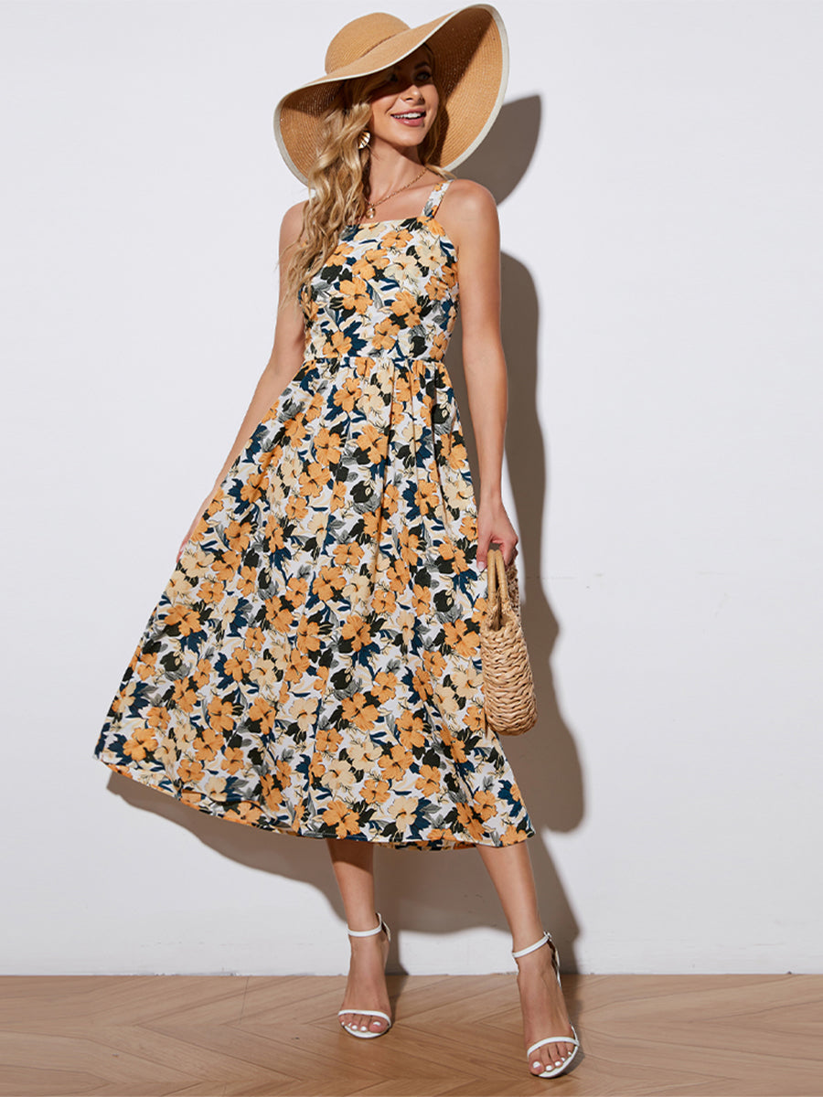 Floral Tie-Back Sleeveless Midi Dress-Angel Casuals